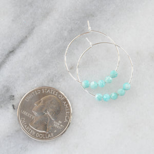 Libby & Smee Small Amazonite Earrings, on 25mm silver plated hoop, still life with quarter for scale