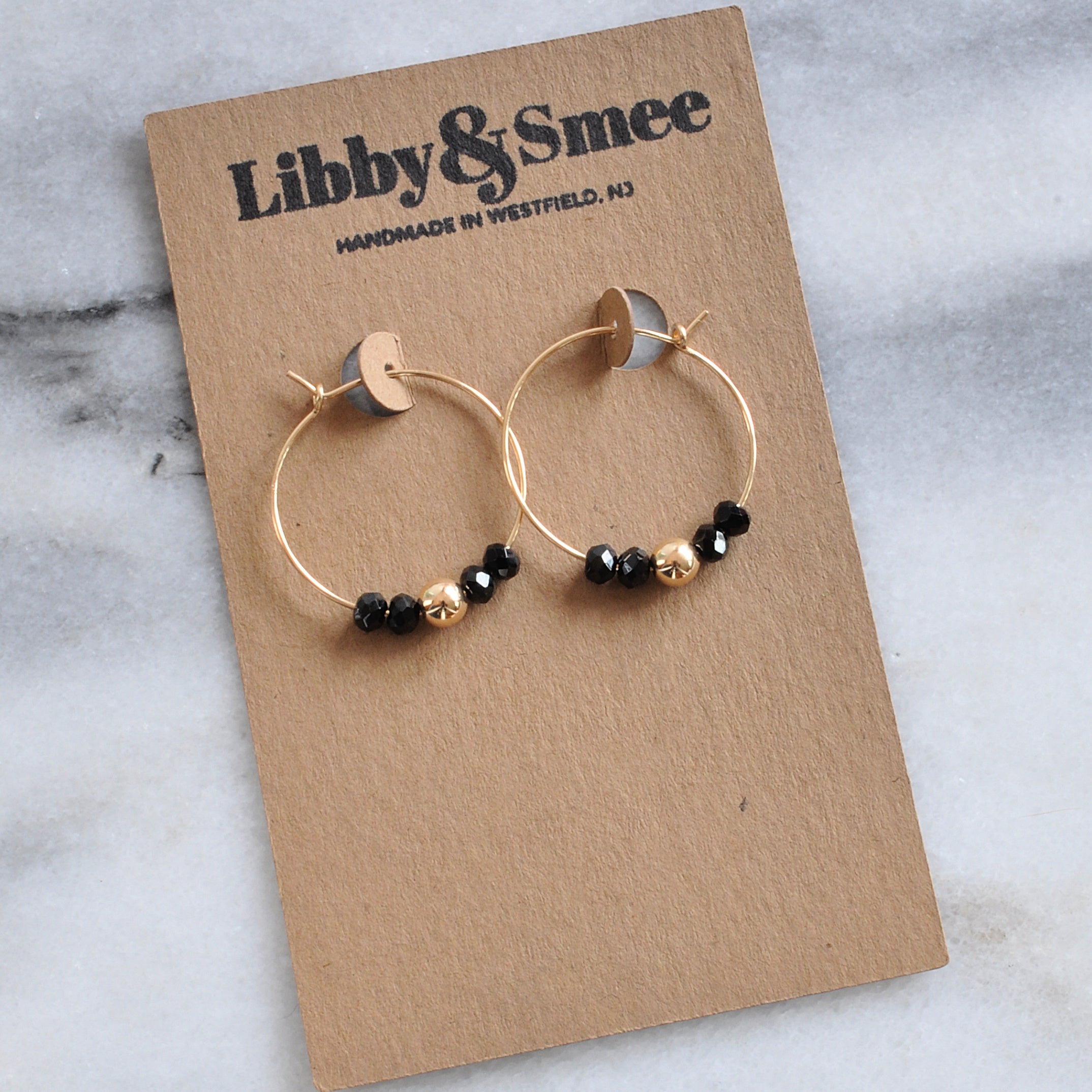 Libby & Smee Gold Filled 25mm Black Spinel Gemstone Hoop Earrings