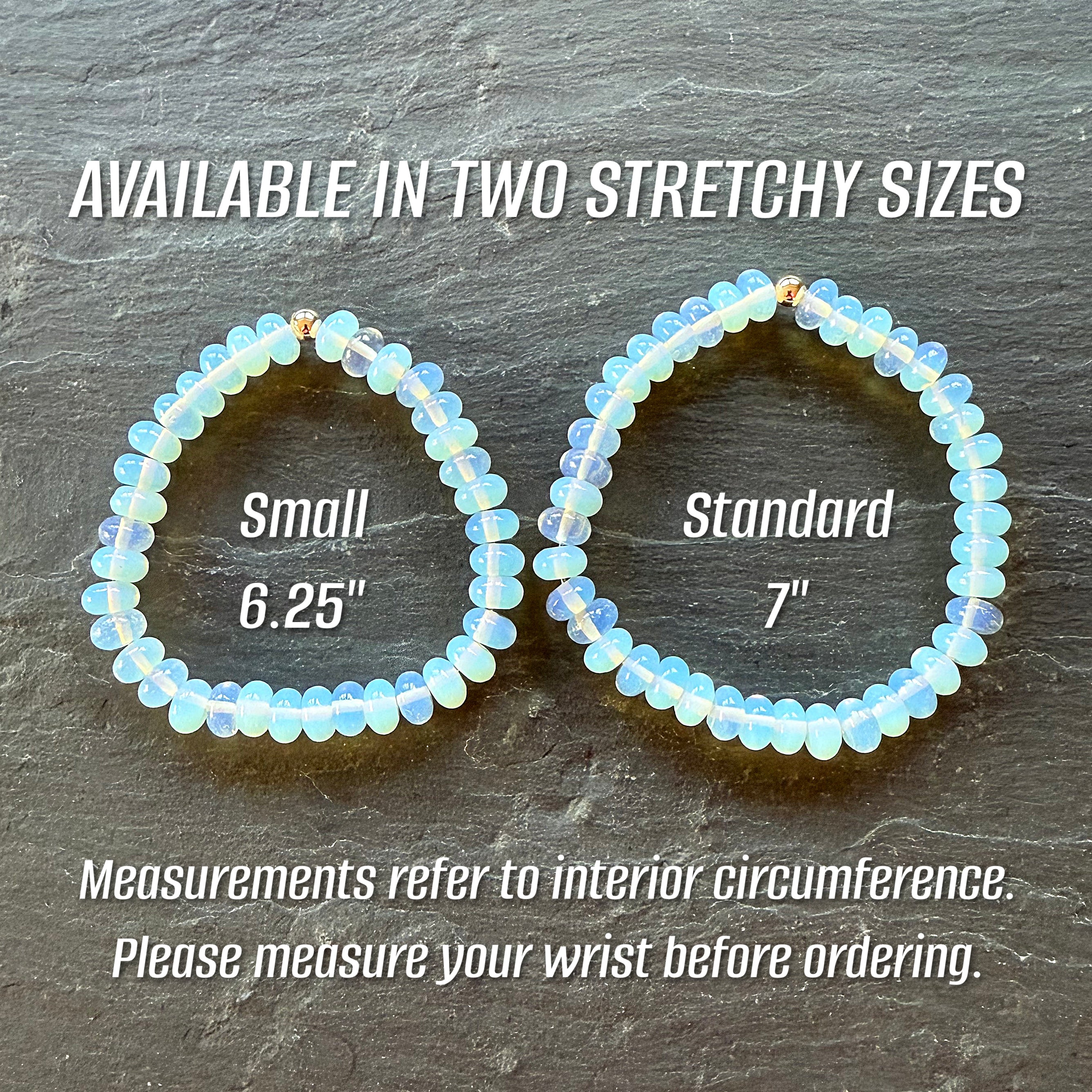 Two stretchy bracelets labeled 'Small' and 'Standard' on a dark background with measurement text.