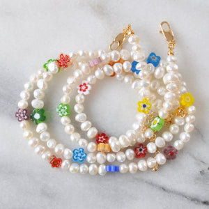 Pearl and Millefiori Flower Bead Necklace