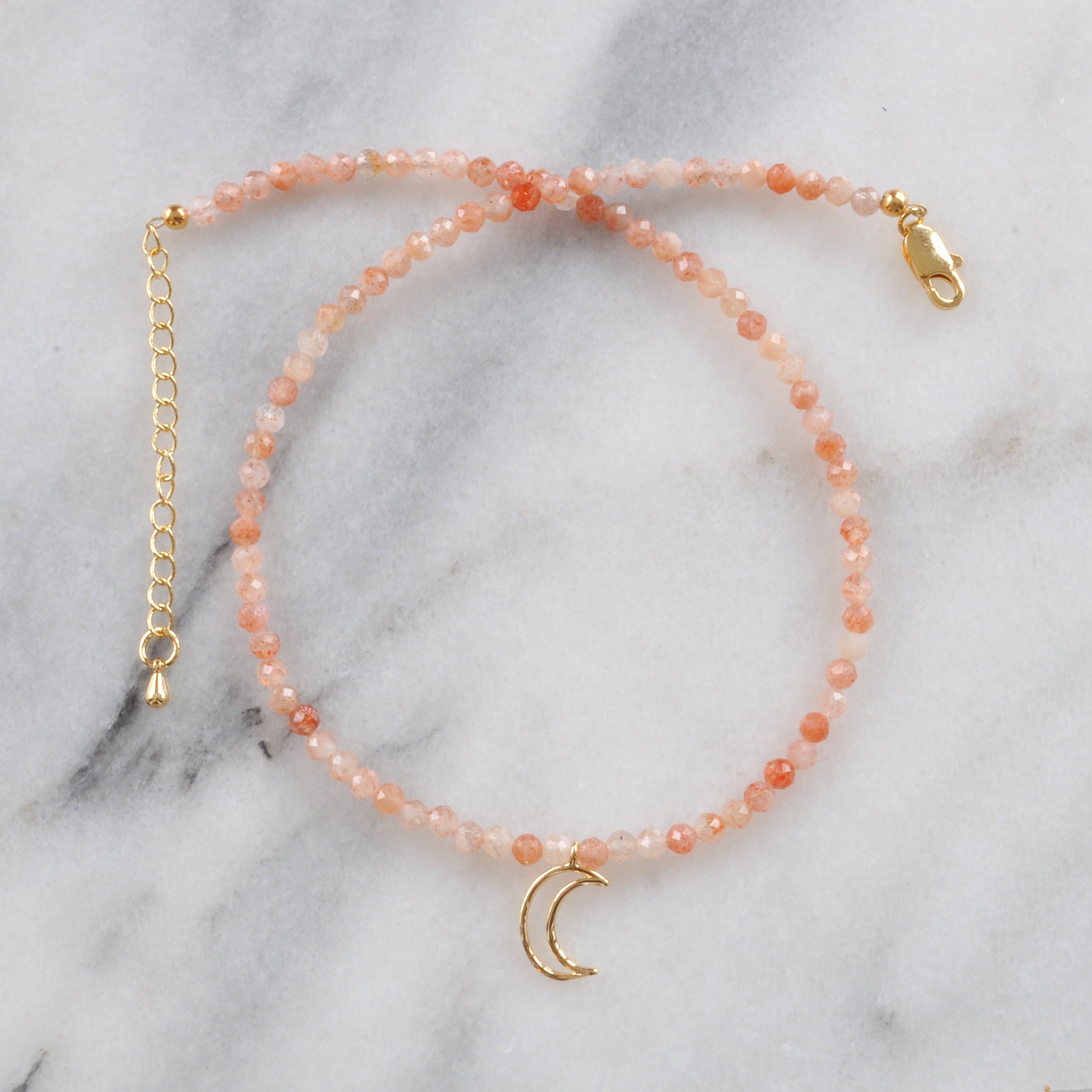 Moonstone Gemstone Choker Necklace with Gold Moon Charm