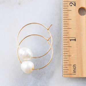 Gold Filled Pearl Hoop Earrings — 25mm
