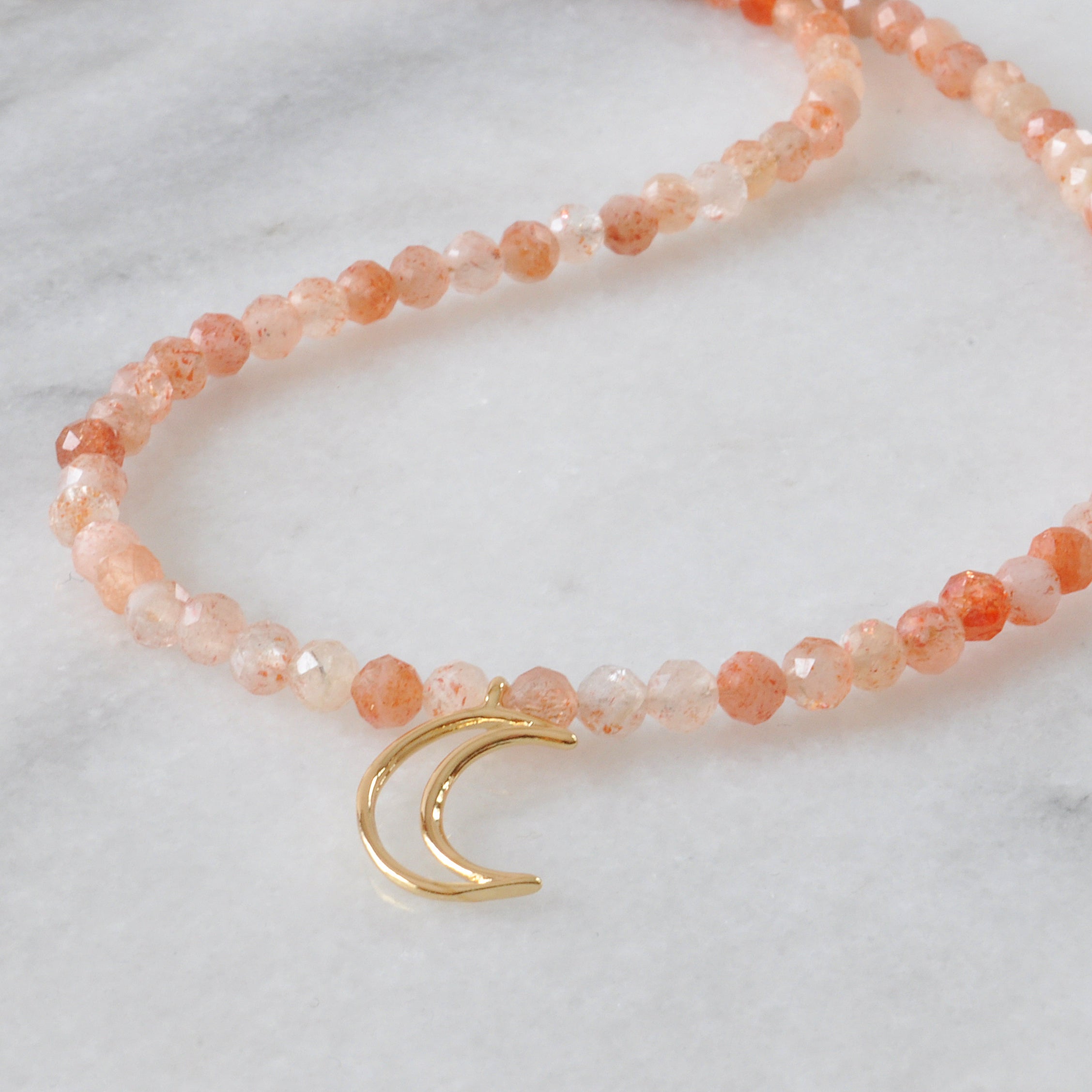Moonstone Gemstone Choker Necklace with Gold Moon Charm