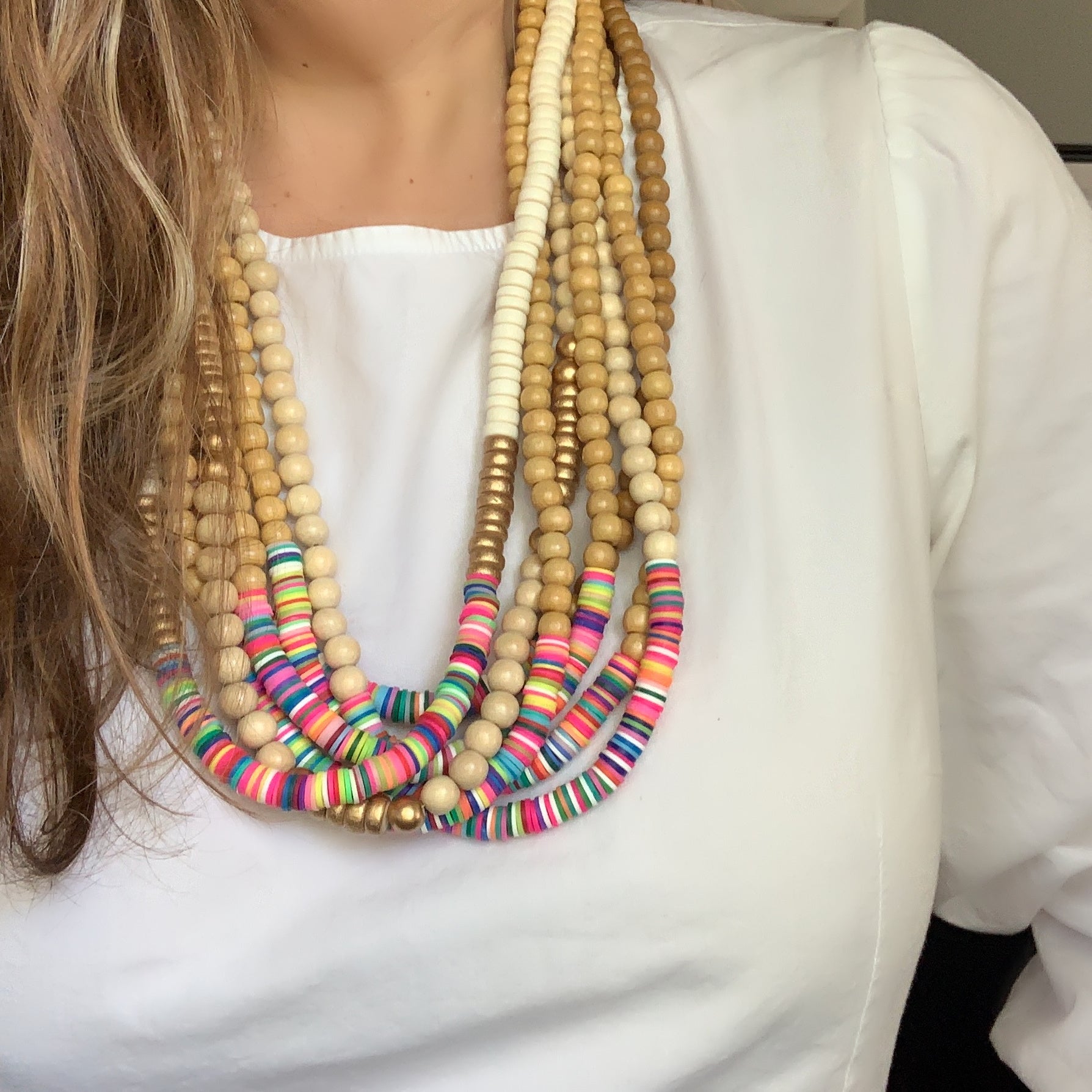 Ivory, Gold, and Rainbow Heishi Bead Necklace