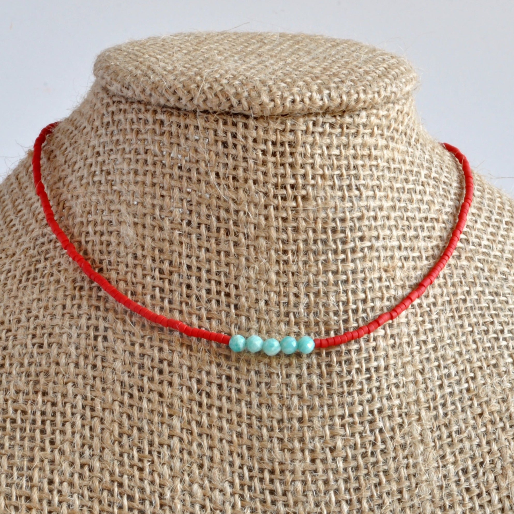 Libby & Smee matte red beaded choker necklace with turquoise Amazonite accent beads on mannequin 