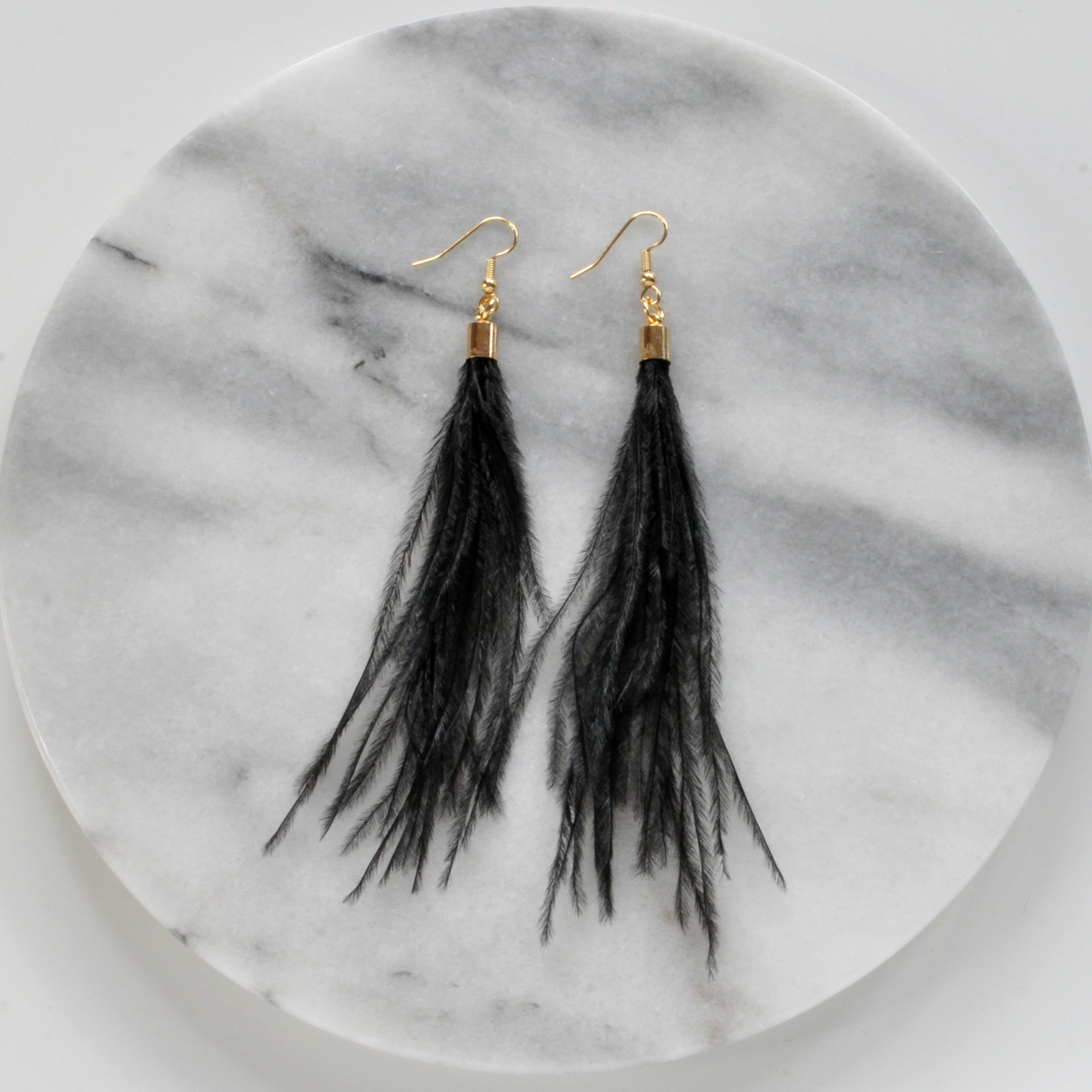 Libby & Smee Black Feather Earrings with Gold Caps, Still Life