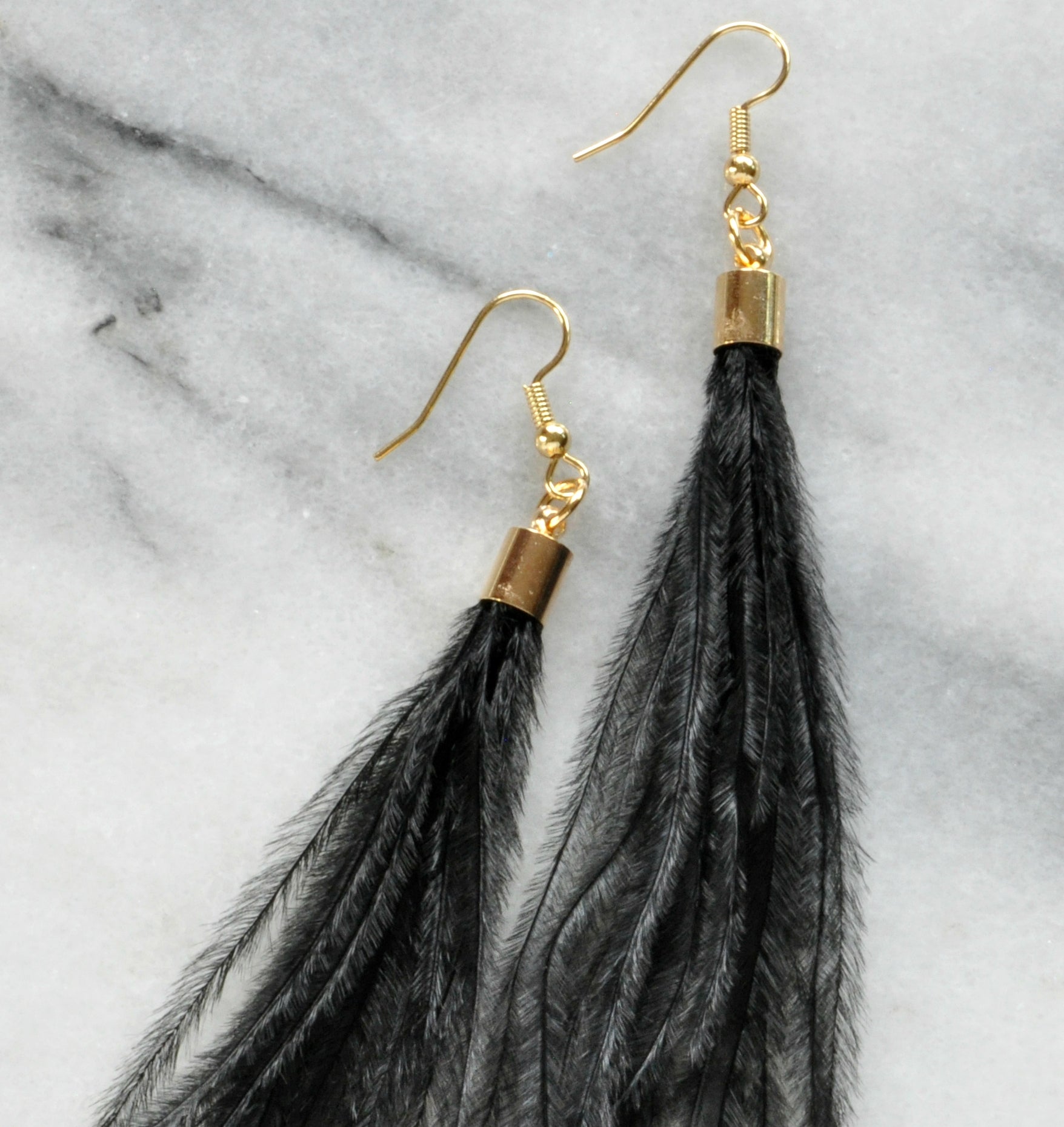 Libby & Smee Black Feather Earrings with Gold Caps, Still Life Close up