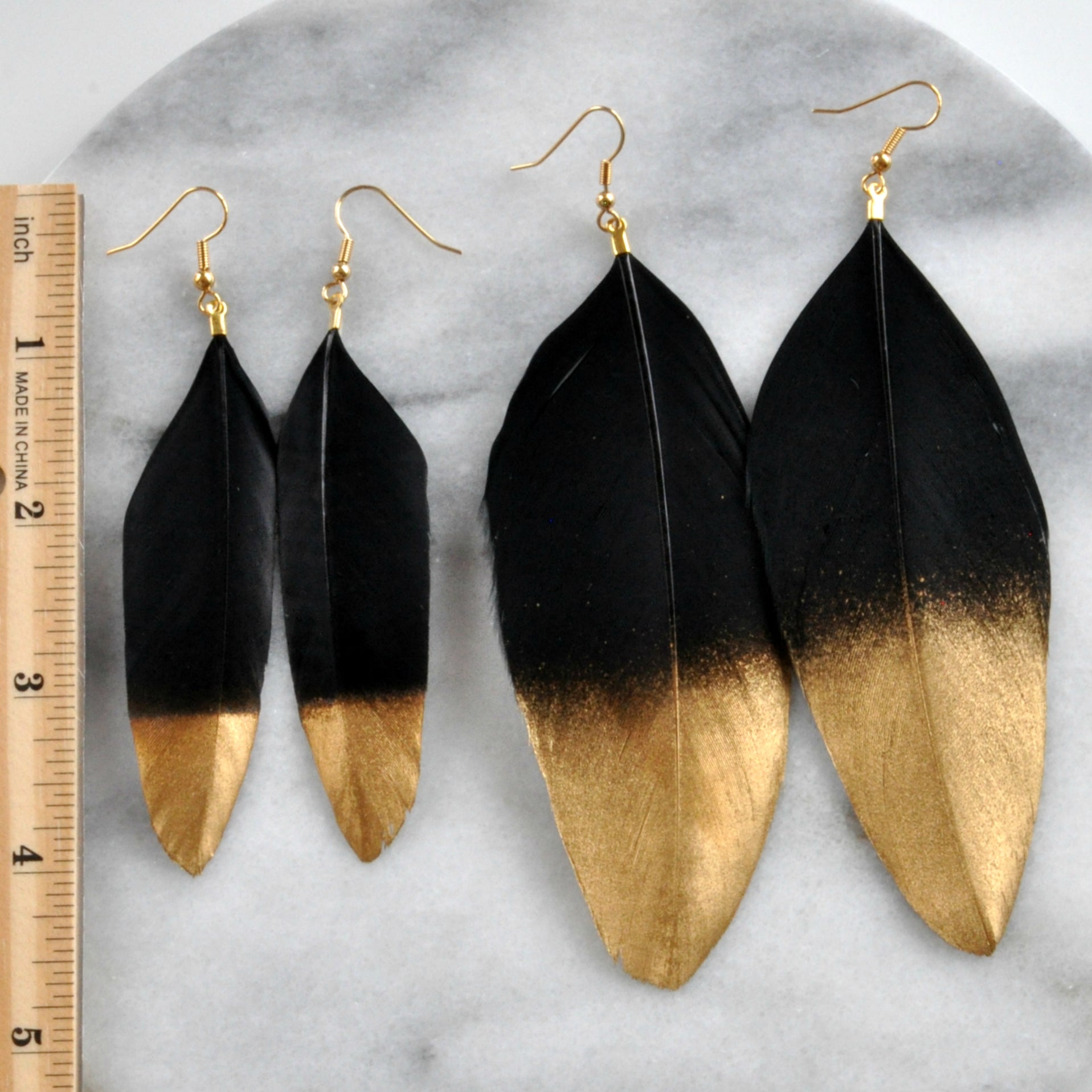 Black and Gold 5" Feather Earrings