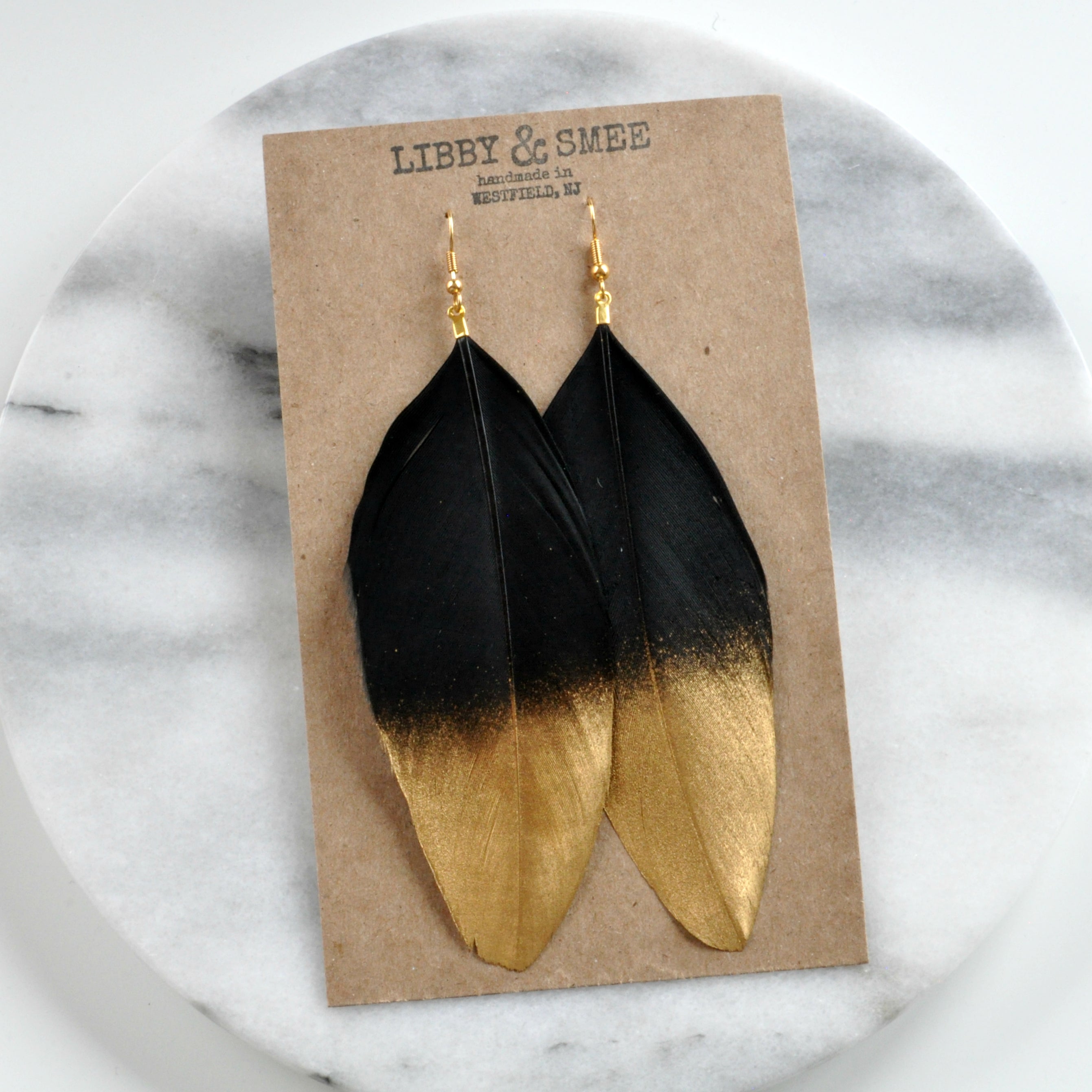 Black and Gold 5" Feather Earrings