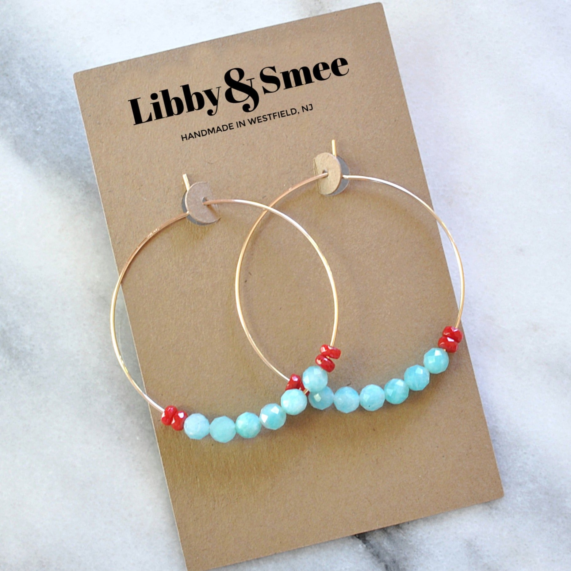 Gemstone 45mm Gold Filled Hoops - AMAZONITE AND CORAL