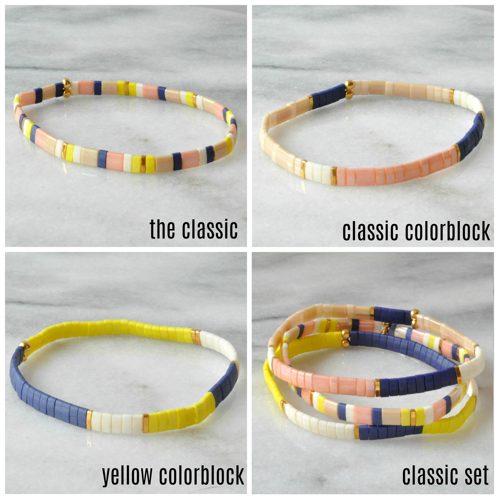 Classic Set of Libby & Smee stretch tile bracelets includes Yellow Colorblock in navy, ivory and yellow, Classic Colorblock in navy, ivory, blush and beige and The Classic, a mix of navy, ivory, beige, blush , yellow and gold. The three bracelets combine make up this tile bracelet curated set. 