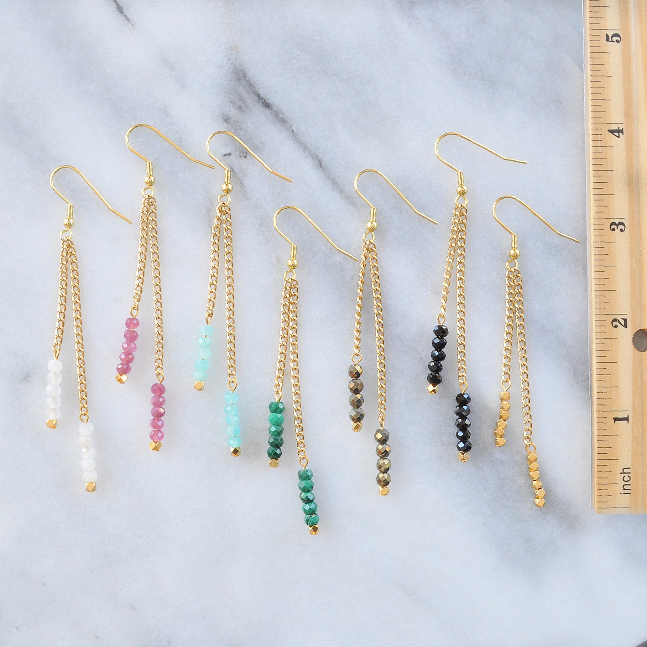 Libby & Smee Gemstone Gold chain Earrings available with Moonstone, Pink Tourmaline, Amazonite, Malachite, Pyrite, Black Spinel and Gold Beads measure 3.5 inches long