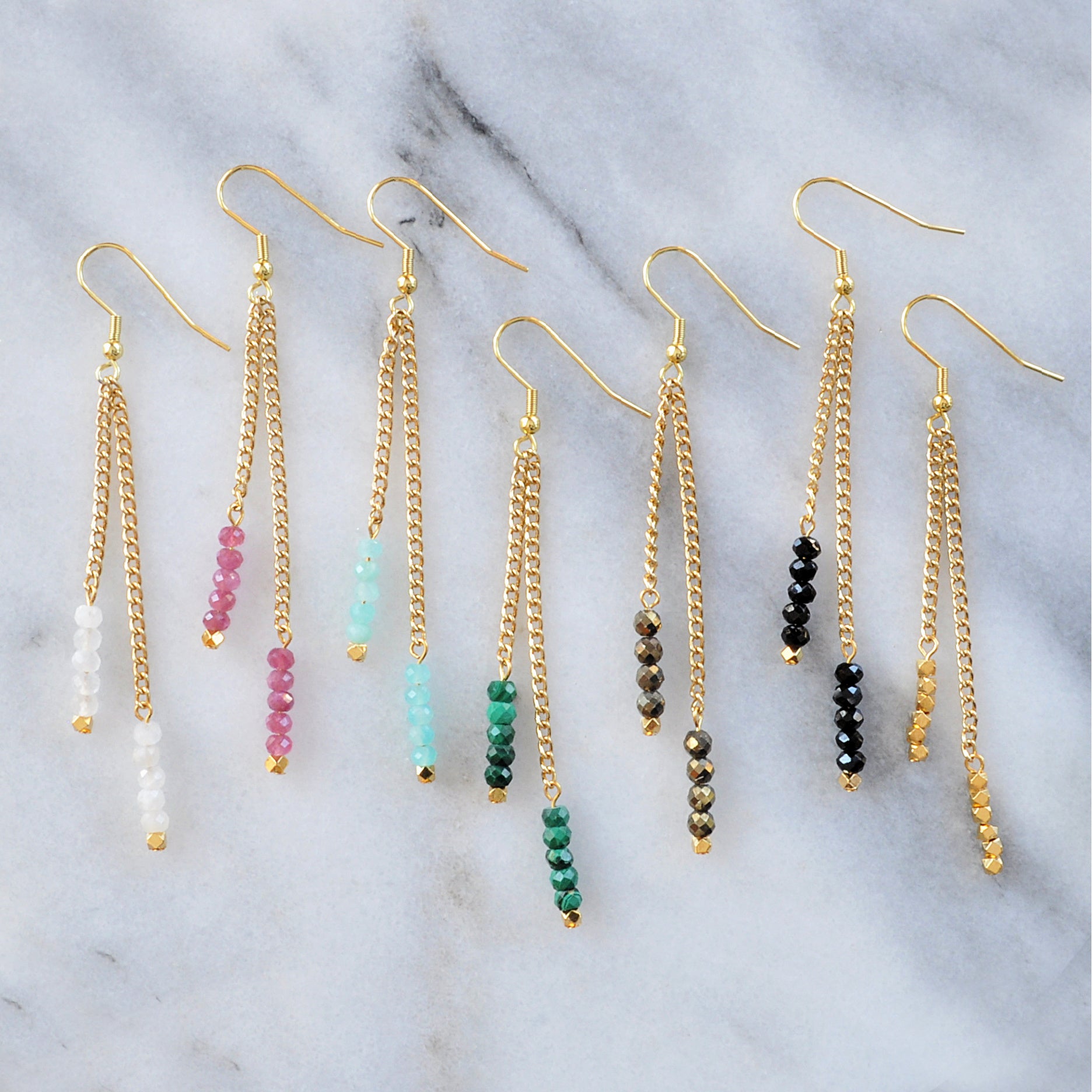 Libby & Smee Gemstone Gold chain Earrings available with Moonstone, Pink Tourmaline, Amazonite, Malachite, Pyrite, Black Spinel and Gold Beads
