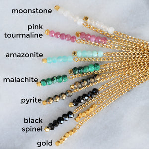 Libby & Smee Gemstone Gold chain Earrings available with Moonstone, Pink Tourmaline, Amazonite, Malachite, Pyrite, Black Spinel and Gold Beads