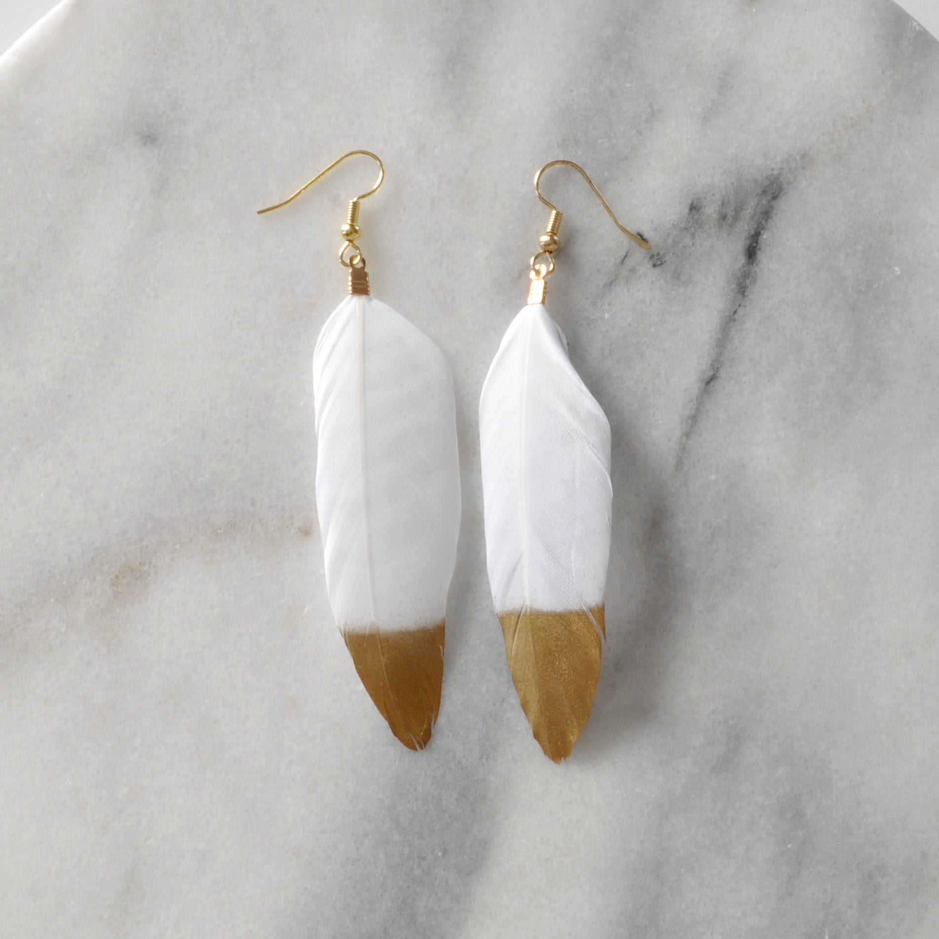 White and Gold 4" Feather Earrings