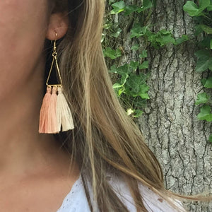 Libby & Smee Ombre Triangle Blush tassel Earrings, on model close up