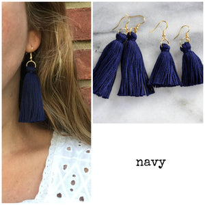 Libby & Smee Navy Tassel Earrings in Mini and Long, Still life and Long on Model