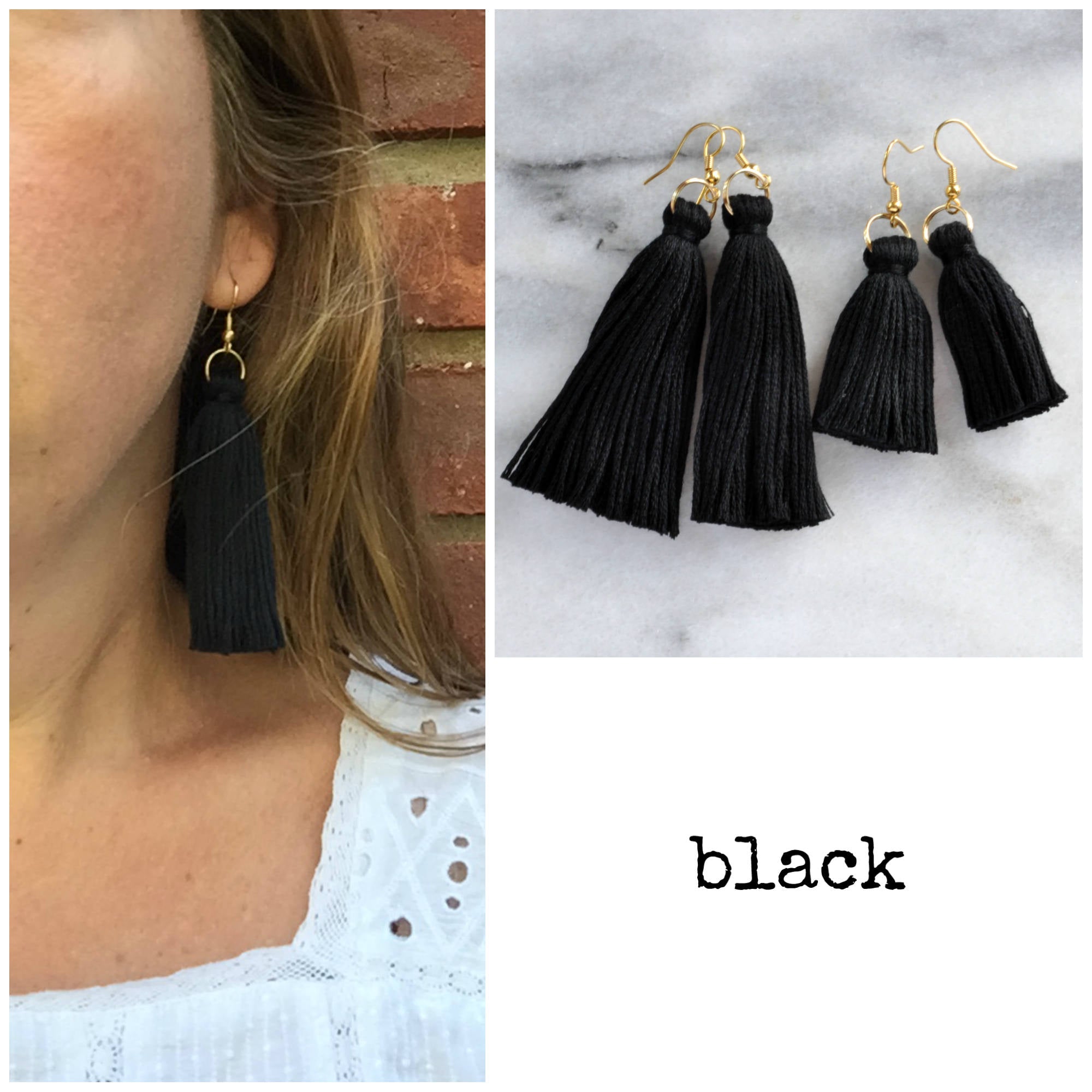 Libby & Smee black tassel earrings in mini and long, still life and long on model