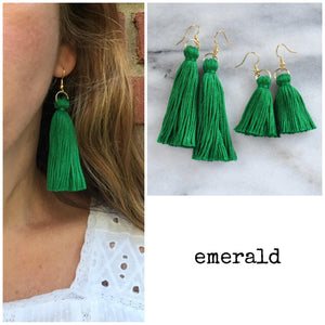 Emerald Green tassel earrings from Libby & Smee shown in mini and long sizes and on a model in the long size