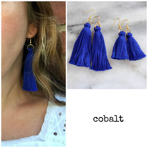 Libby & Smee Cobalt Blue Tassel Earrings in Mini and Long still life and long on model