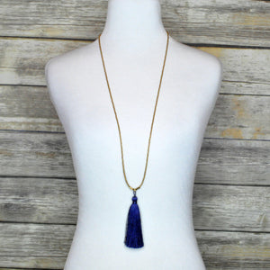 Libby & Smee Navy Blue Tassel Necklace, on Mannequin
