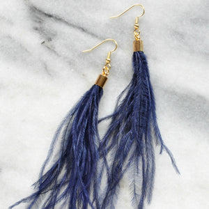 Libby & Smee Navy Blue Feather Earrings with Ostrich feathers and gold caps, close up