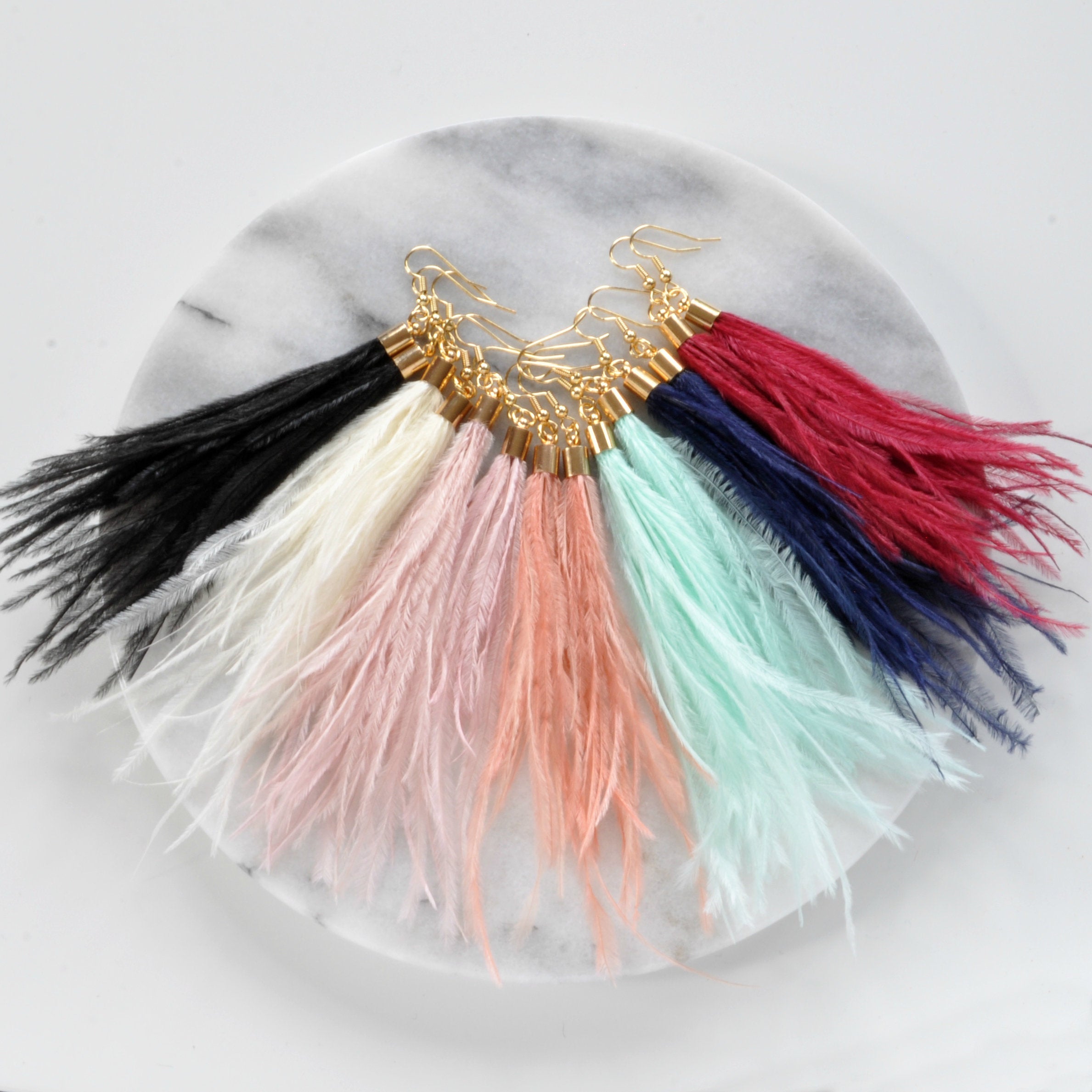 Libby & Smee Dark Red Feather Earrings with Ostrich Feathers and Gold Caps with Libby & Smee ostrich feather earrings in black, ivory, pink, peach, seafoam, and navy blue 