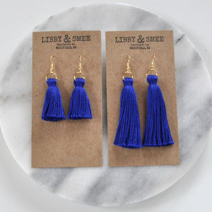 Libby & Smee Cobalt Blue Tassel Earrings in Mini and Long on kraft earring cards - above angle