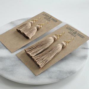 Libby & Smee Hazelnut Beige Tassel Earrings in Mini or Long with Gold Earwire on Logo Kraft Earring Cards