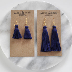 Libby & Smee Navy Tassel Earrings in Mini and Long on Kraft Earring Cards, Still life overhead angle