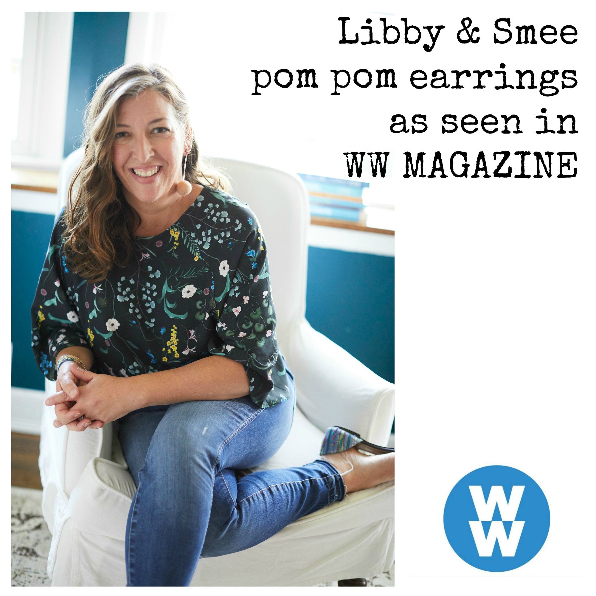 Libby & Smee pom pom earrings in Blush color on model, labeled as seen in WW magazine