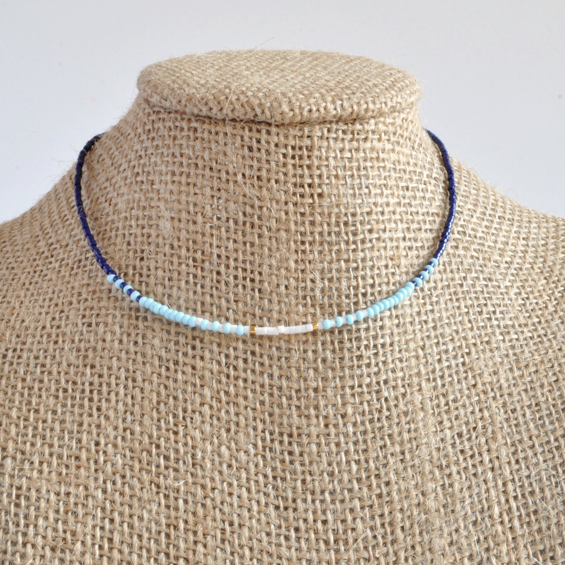 Libby & Smee Tailgate Choker Necklace in light blue navy and white on mannequin