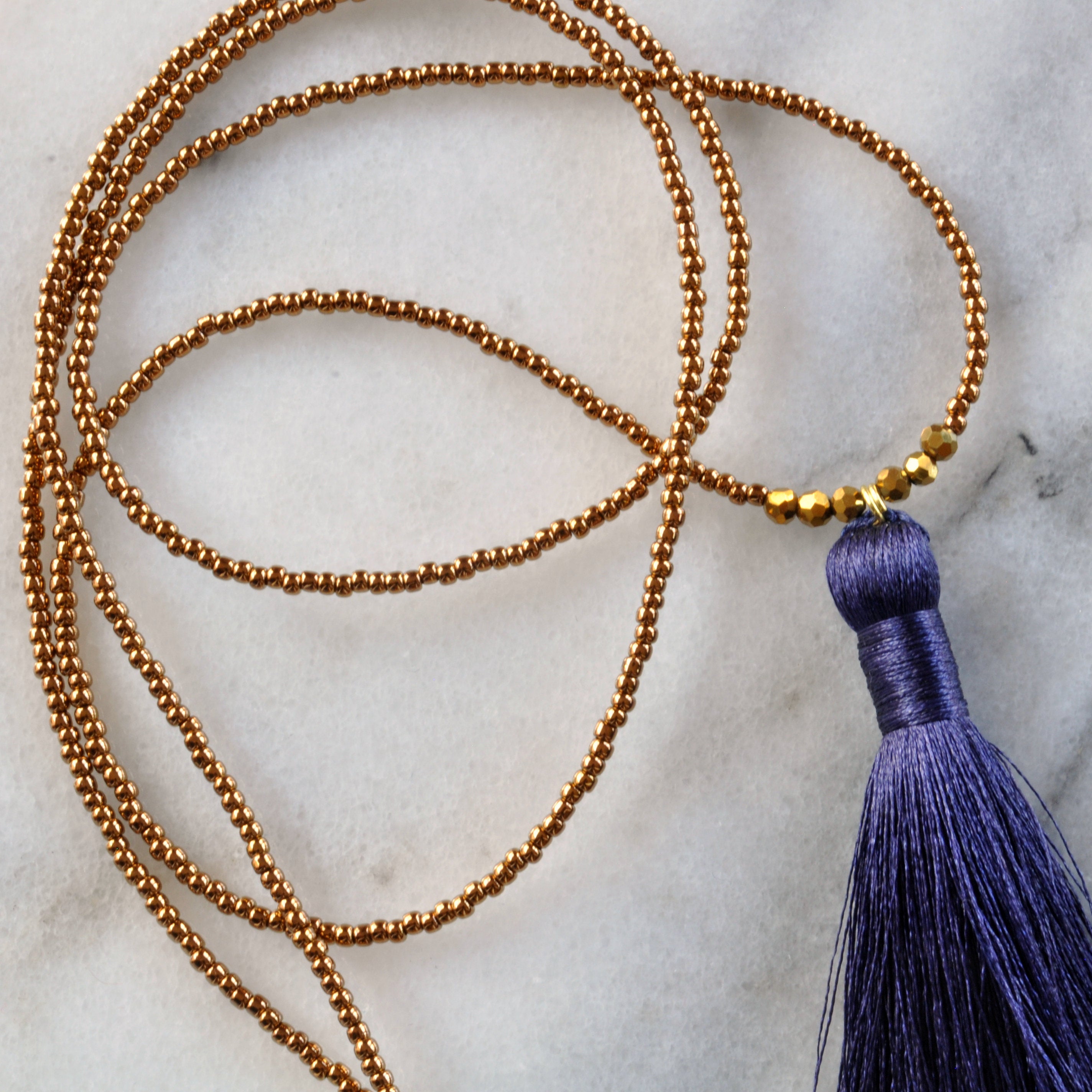 Libby & Smee Navy Blue Tassel Necklace, Close Up