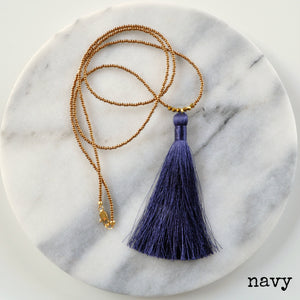 Libby & Smee Beaded Tassel Necklace in Navy , still life labeled