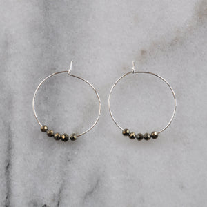Libby & Smee Small Pyrite Hoop Earrings on 25mm silver plated hoops, still life
