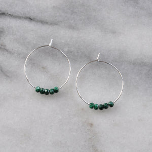 Libby & Smee Malachite Earrings on 25mm silver plated hoops still life