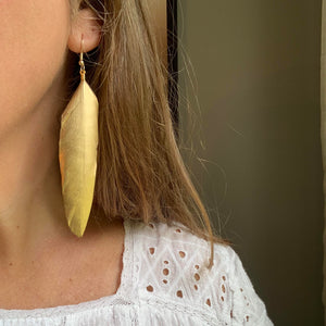 Libby & Smee 4 inch long gold feather earrings, on model