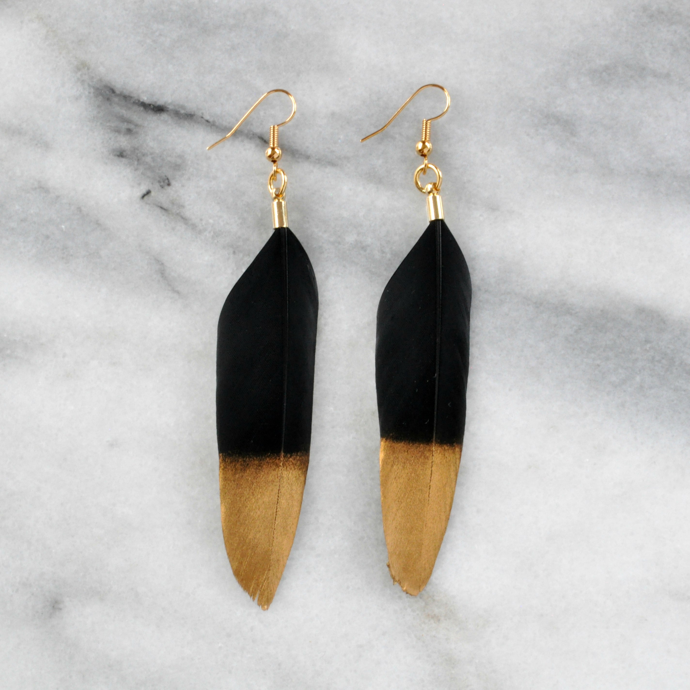 Black and Gold 4" Feather Earrings