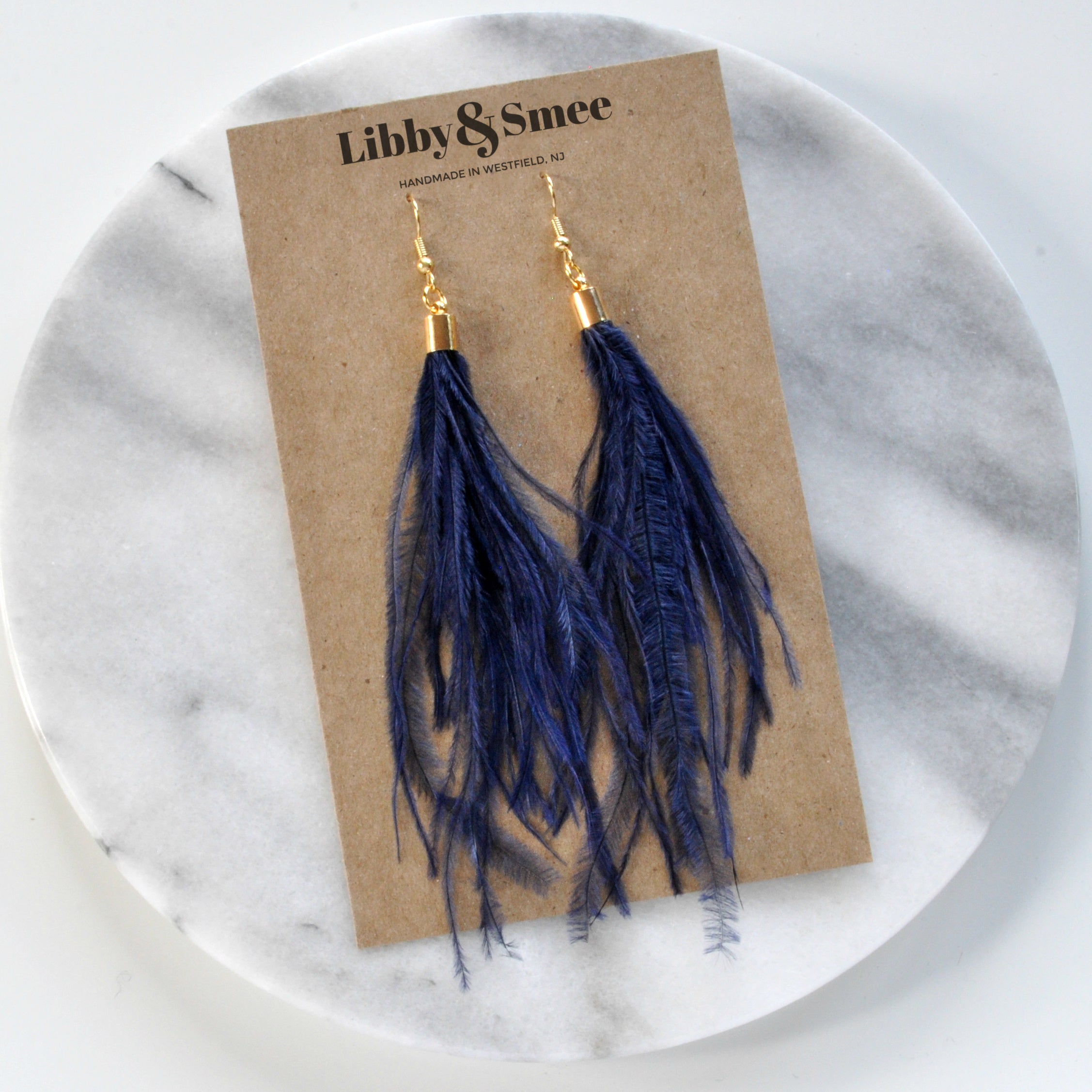 Navy Blue Feather Earrings Handmade by Libby Smee