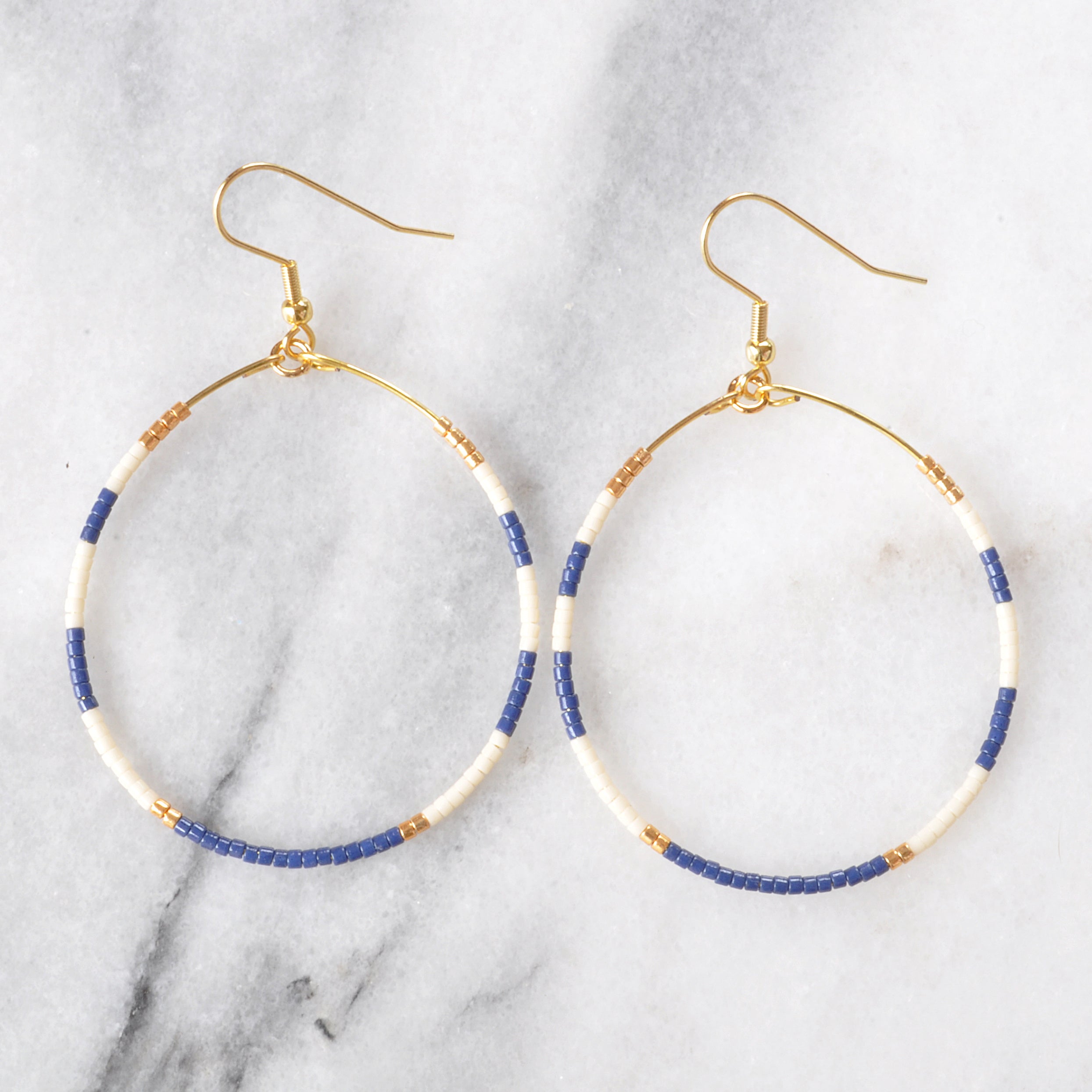 Victoria Mixed Seed Bead Hoop Earrings Blue + White by INK+ALLOY