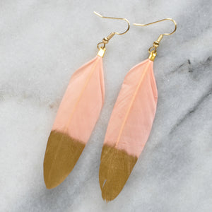 Blush and Gold 4" Feather Earrings