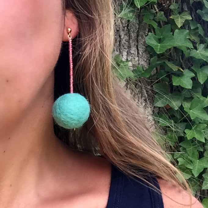 Aqua and Pink Pom Pom Earrings