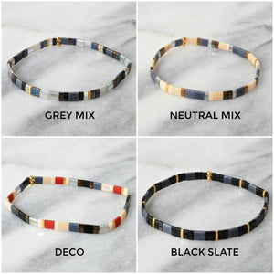 Libby & Smee fall tile bracelets in shades of black, navy, grey and red