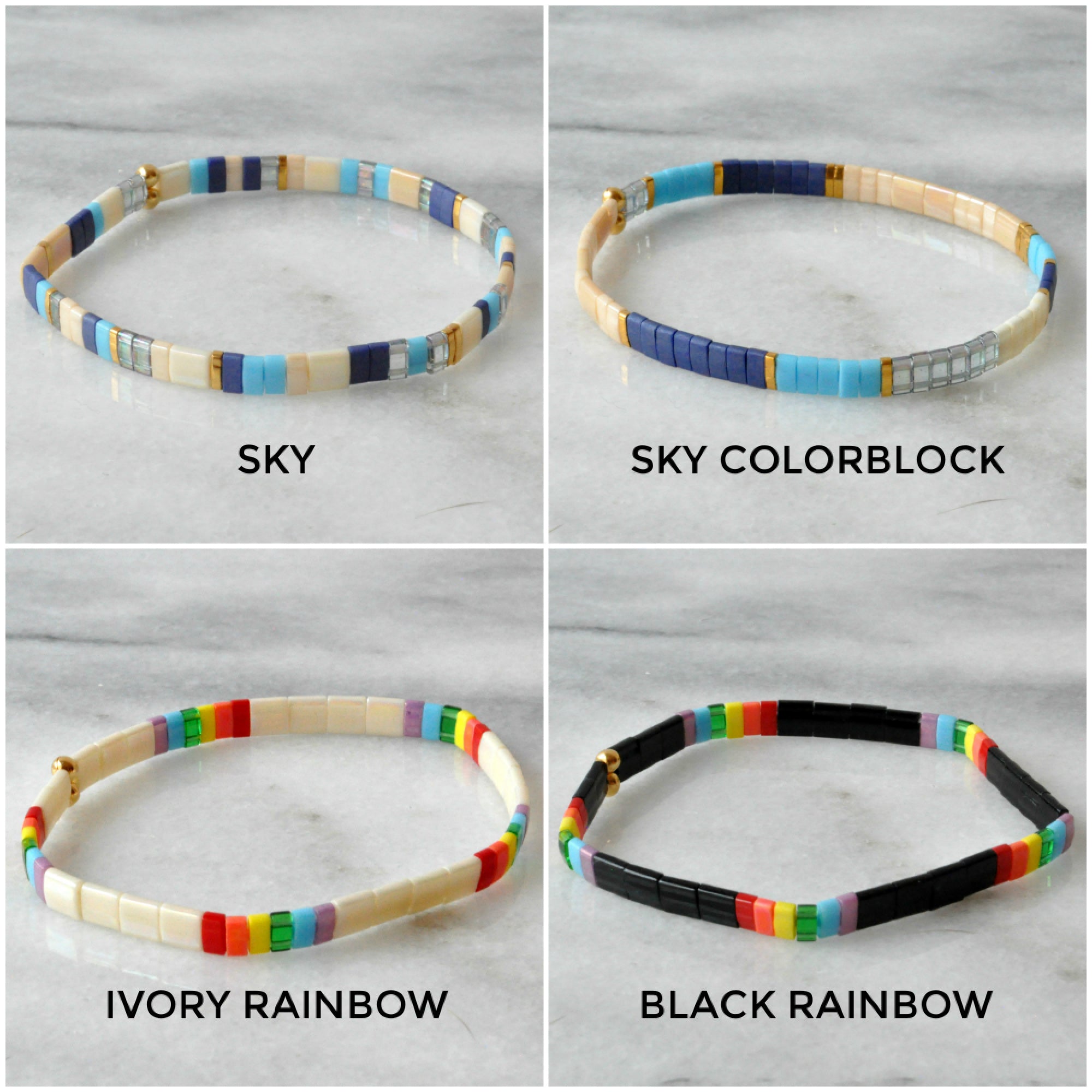 Libby & Smee blue tile bracelets and rainbow tile bracelets